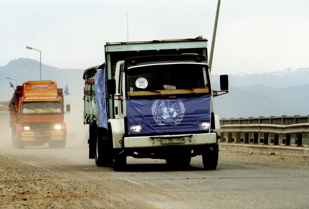 Trucks loaded with supplies to aid Kurdish refugees